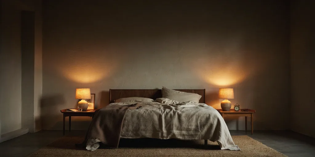 A bedroom lit by two warm lamps well below standing eye height with nothing on the ceiling and the upper room in shadow