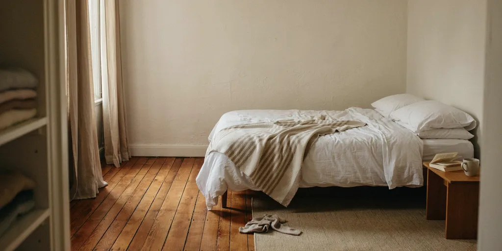 A bedroom where the bedding, the curtains and the rug are all plain, nothing competing for attention