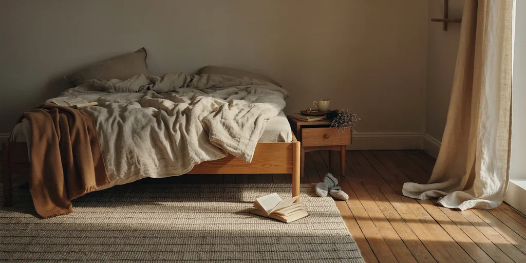 A bedroom using linen in the bedding and curtain, oak in the bed frame and nightstand, wool in the rug and blanket