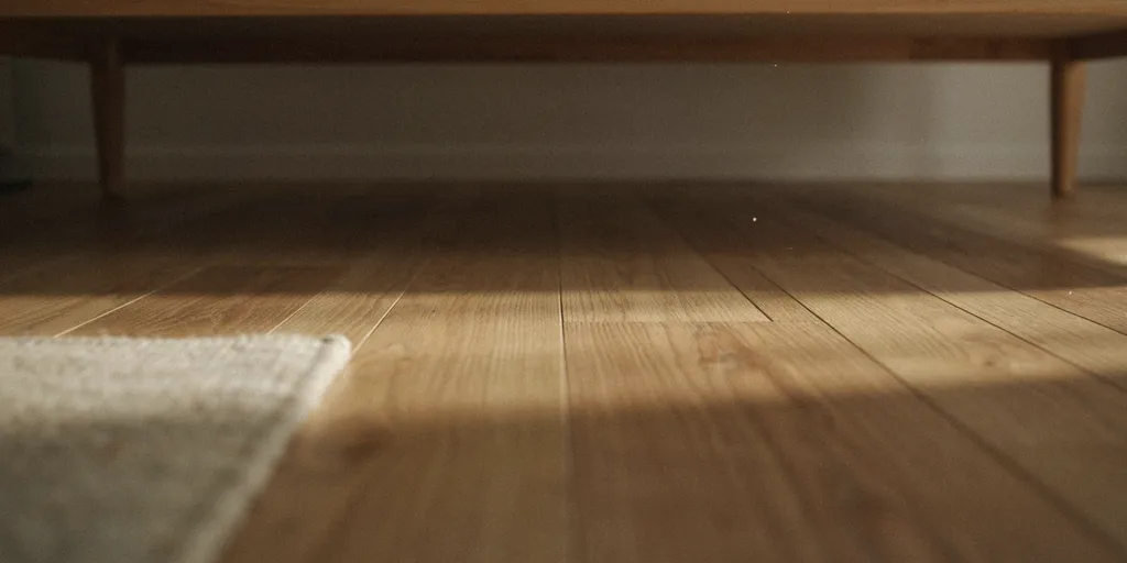 A low view along clear swept oak floorboards running unbroken beneath a bed frame on slim legs