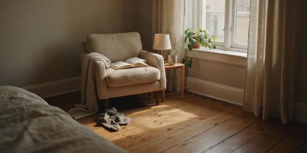 A low armchair by a bedroom window with a small lamp beside it and an open book on the seat