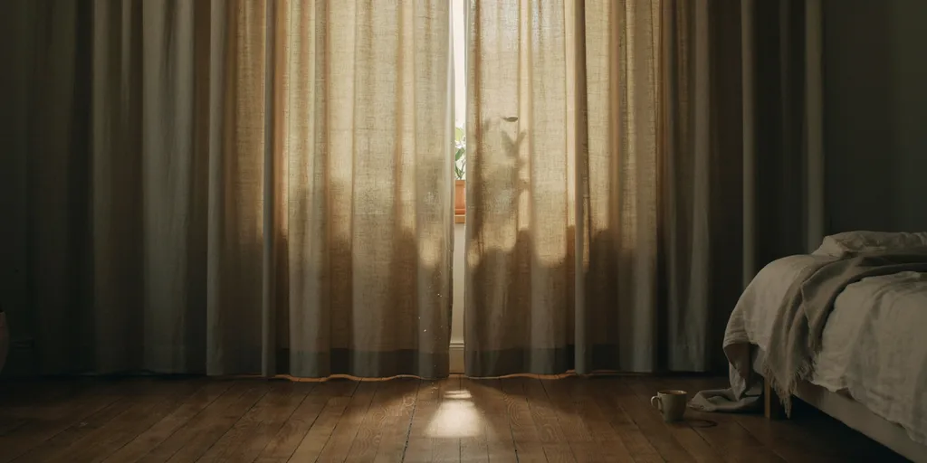 Heavy lined linen curtains drawn closed across a bedroom window, holding the room in even darkness with one thin line of daylight at the edge