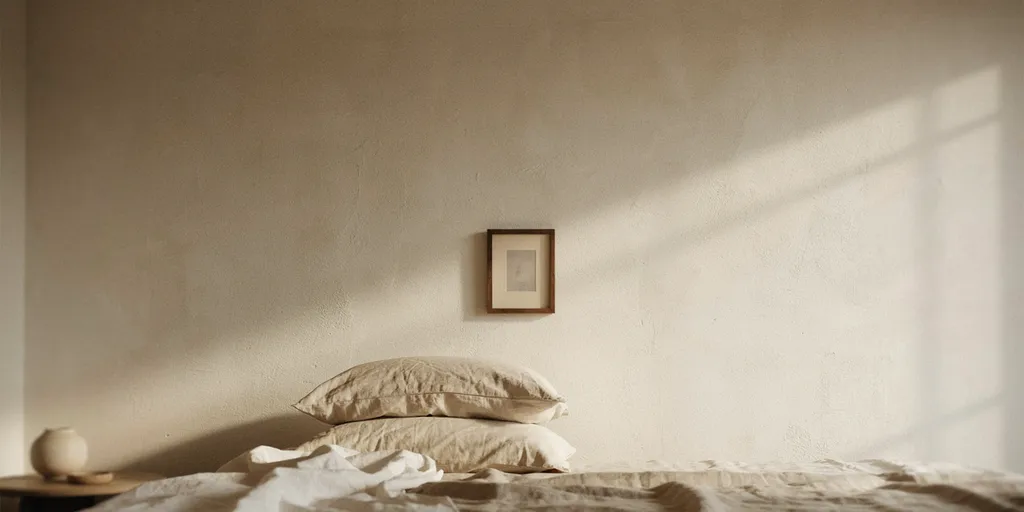 A bedroom wall above the bed left almost entirely bare, with one small framed piece hung lower than expected near the pillows