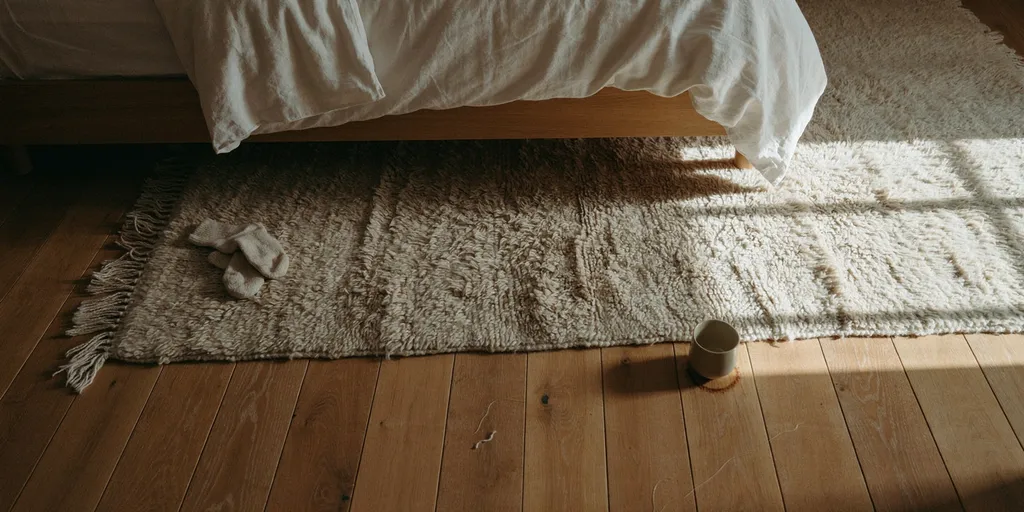 A thick undyed wool rug laid along the side of a bed, wide enough that both feet land on it, the pile crushed where people step