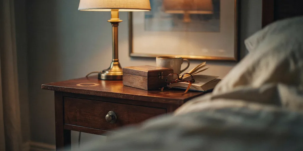A bedside table with a small closed wooden box beside a lamp and a book, nothing face down on the surface