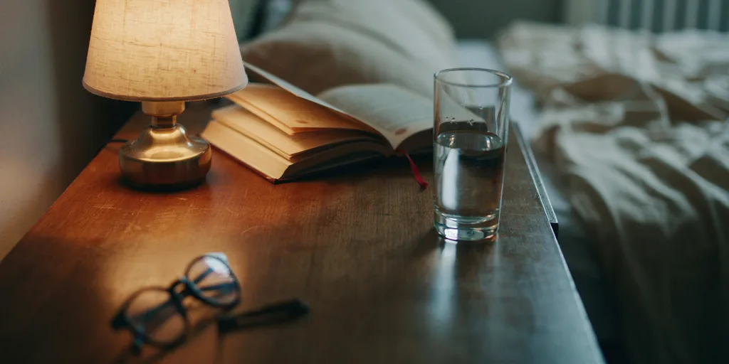 A bedside table holding exactly a small warm lamp, one book and a glass of water, with clear surface around them