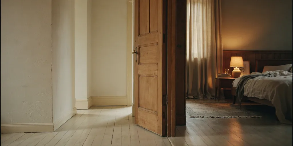 A view from a bright hallway through an open door into a bedroom noticeably deeper in tone, with lower light and heavier textiles