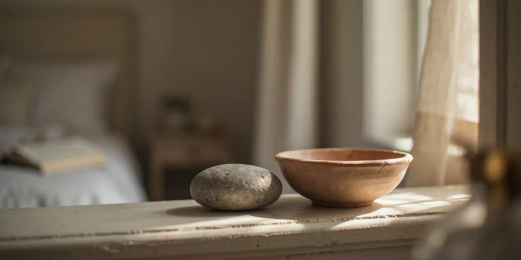 A smooth gray beach stone and a small handmade clay bowl on a bedroom windowsill, kept for no practical reason
