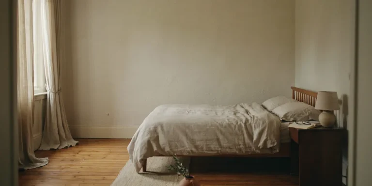 A low oak bed in oat linen with a lamp and a book on the nightstand, a wool rug and nothing else in the room
