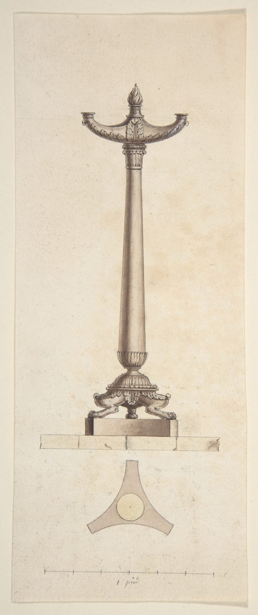 Nineteenth century French wash drawing of a slender lamp stand on cream paper