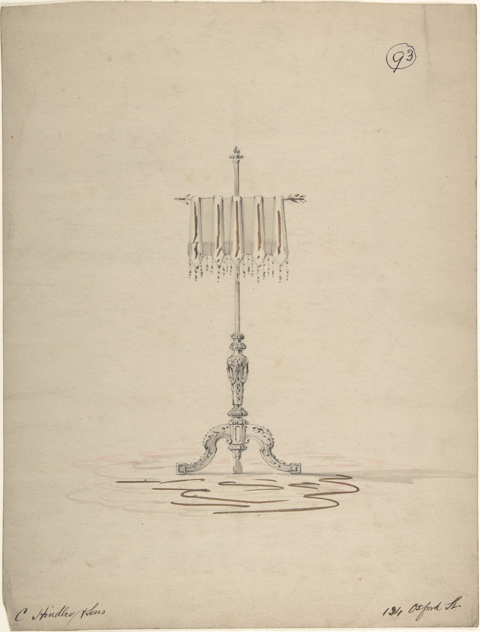 Nineteenth century pencil design drawing of a standing candelabrum lamp on aged paper