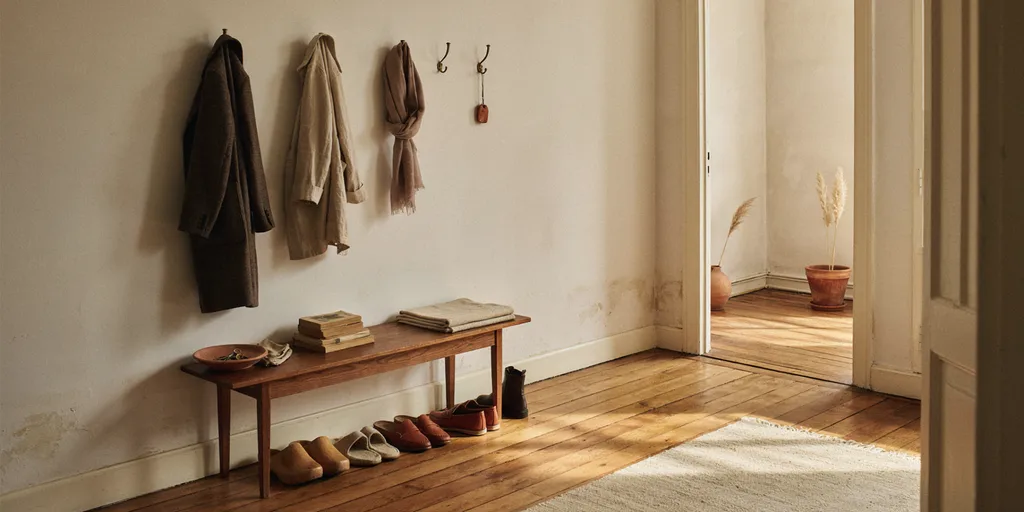 A hallway with coats on hooks, shoes in a row, a bench and a bowl, all made of the same few materials