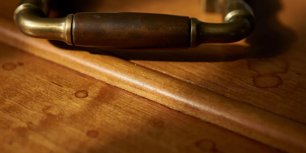 An unlacquered brass handle gone brown at the touch points on an oiled oak surface with marks worn into the grain