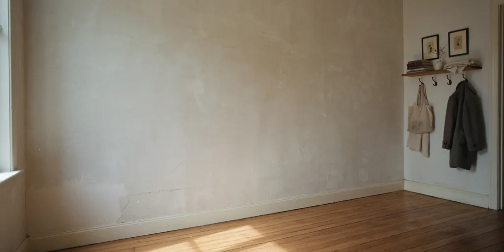 A long bare plaster wall with everything - a shelf, pictures, hooks - gathered onto the shorter wall beside it