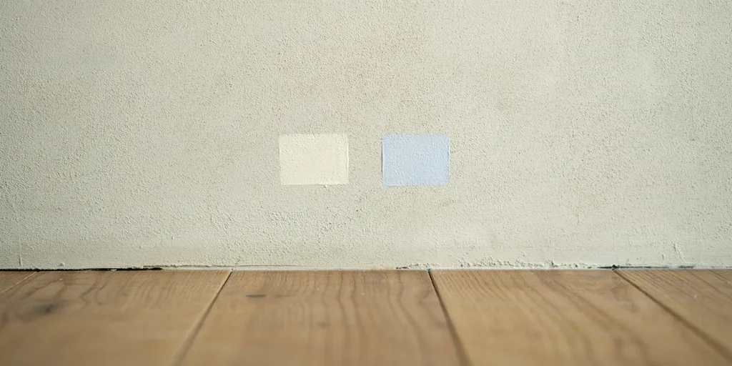 Two patches of white on a plaster wall side by side - one creamy with a yellow undertone, one cold and blue - showing the difference in temperature