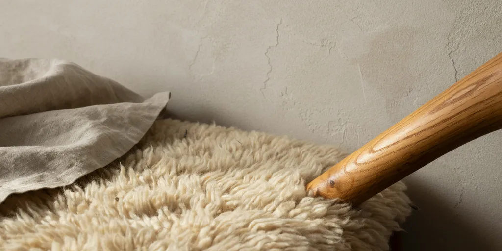 Close view of slubby unbleached linen, the pile of an undyed wool rug, rough lime plaster and the grain of an oak chair arm