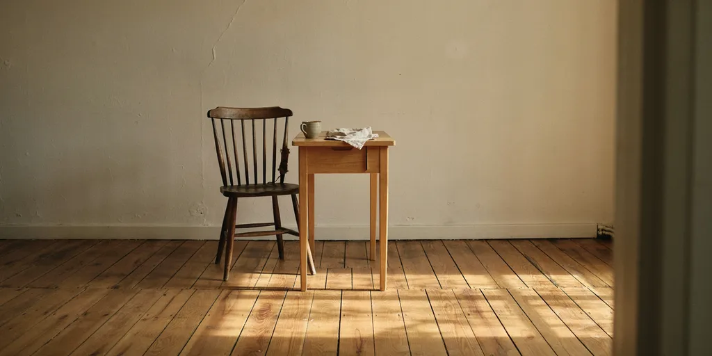 A worn spindle-back wooden chair, darkened with age and repaired at a joint, standing beside a simple new oak table