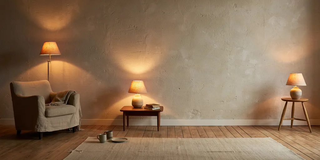 A sparse room lit in the evening from three low lamps with the same warm bulb, the light raking across plaster and wool