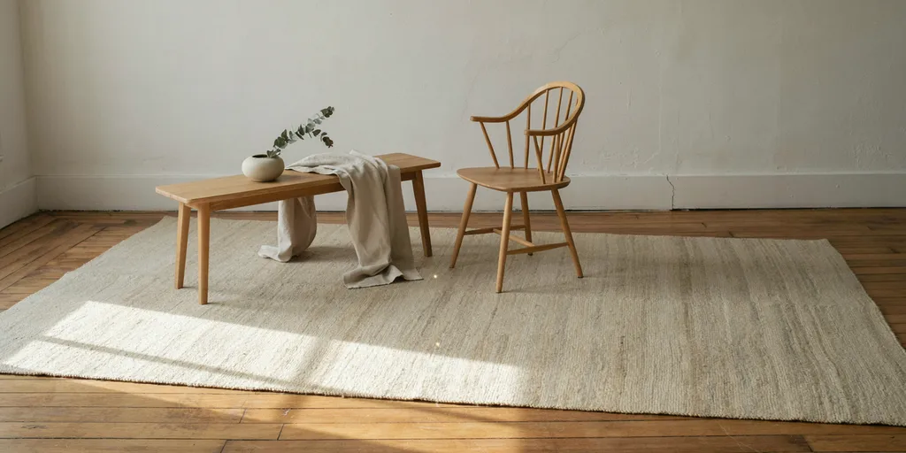 A large undyed wool rug covering most of the floor of a sparse room holding only a bench and a chair