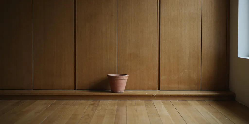 A floor-to-ceiling wall of plain oiled oak cupboards with closed doors and a single clay pot on a ledge in front