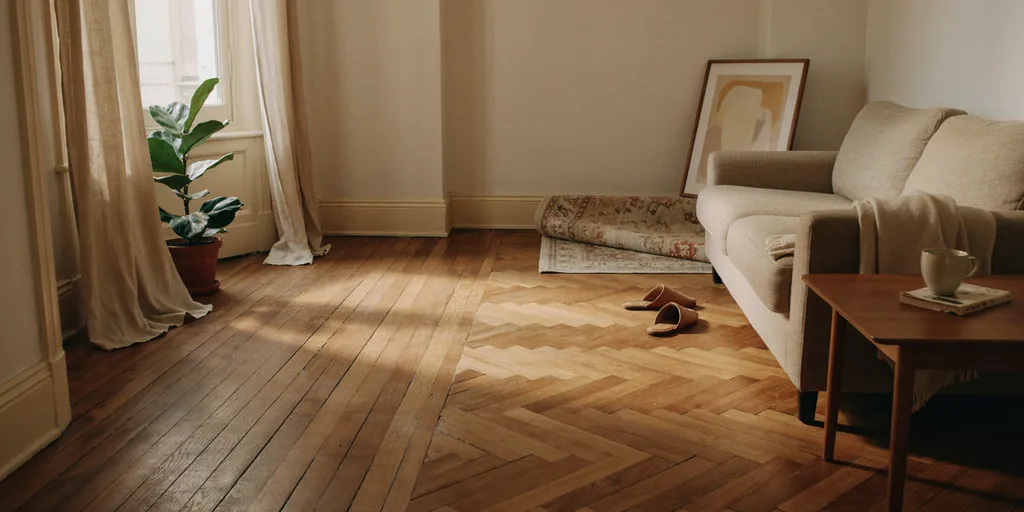 A clear patch of floorboards where something used to stand, slightly lighter than the boards around it, the furniture settled around the gap