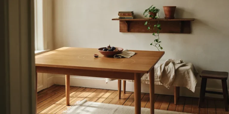 An oak dining table with a bowl and papers on it, a wall shelf with books and pots, a bench and a wool rug - plenty of objects but only four materials