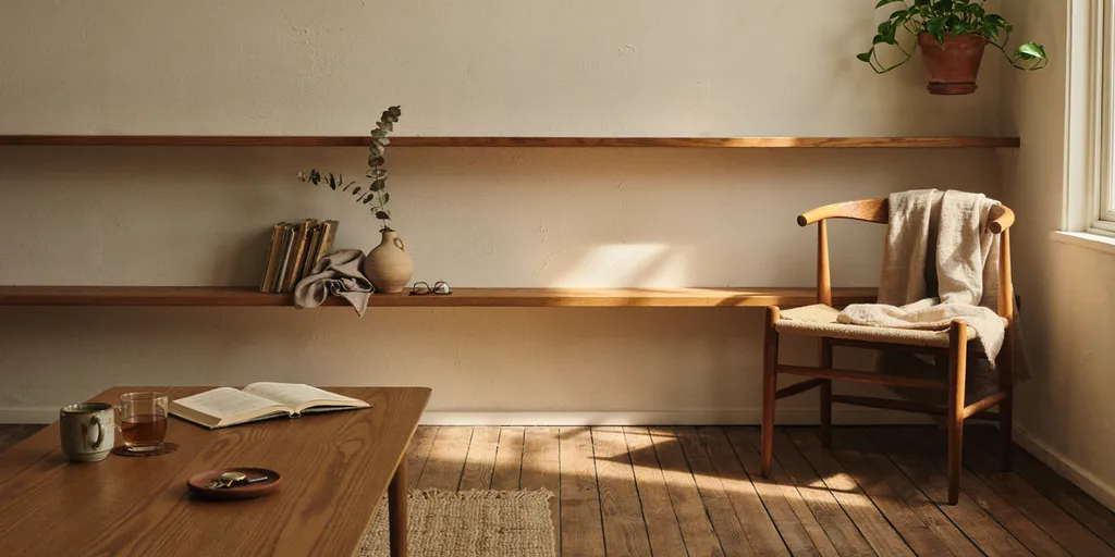 A long oak shelf, an oak table and an oak chair frame in one frame, the same wood at three distances