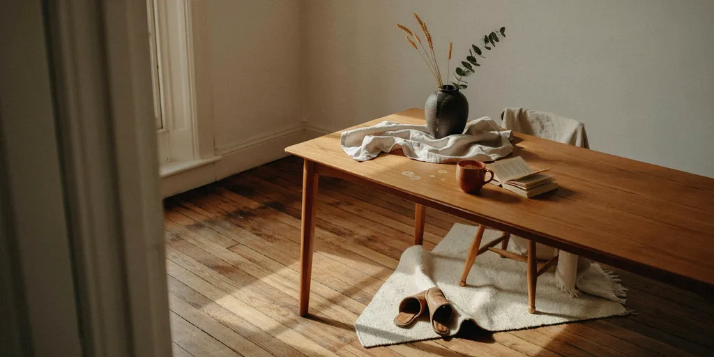 A carefully made oiled oak table holding a plain clay mug and a linen cloth, standing on a simple wool rug