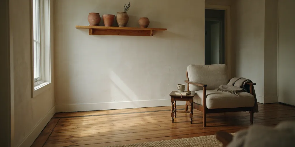 An oak shelf holding clay pots collected at different times, a wool throw over a worn linen chair, floorboards darkened along the walked path