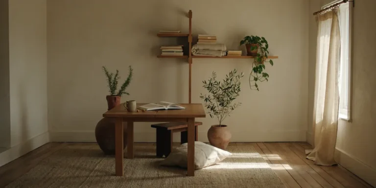 A room using only oiled oak, undyed wool, unbleached linen and unglazed clay, each material appearing in several places