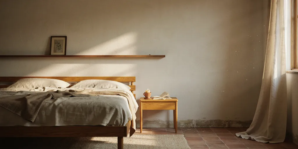 A bedroom using only oiled oak, undyed wool and unbleached linen, each material appearing in more than one place