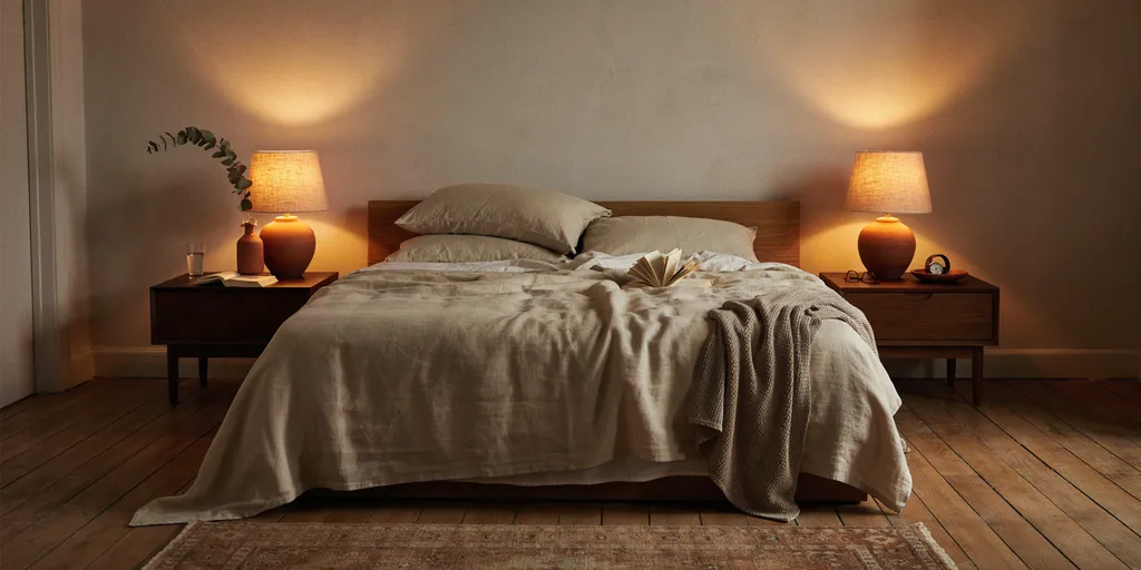 A neutral bedroom after dark lit only by two matching bedside lamps with warm amber bulbs, the ceiling in shadow