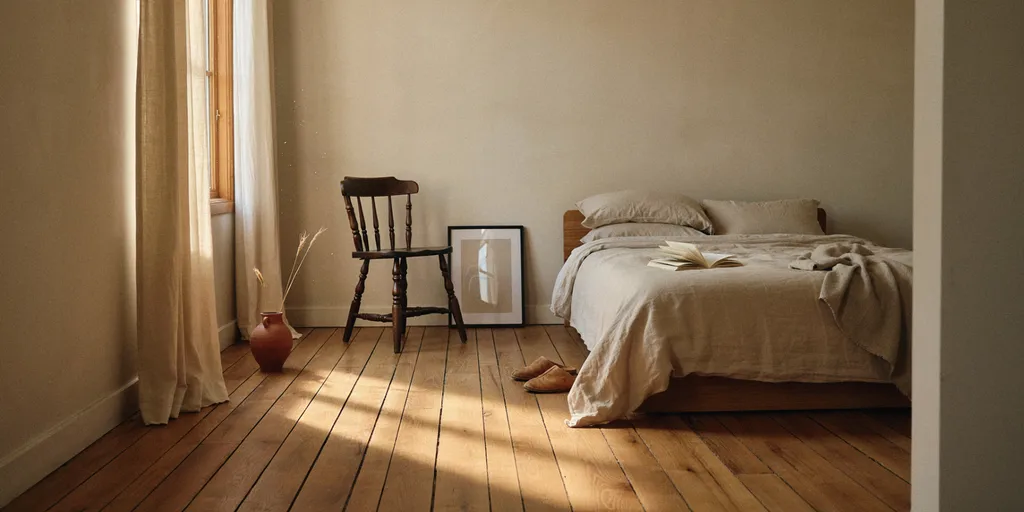 A neutral bedroom with one deliberately unresolved element - a dark wooden chair matching nothing else and a framed picture leaning on the floor rather than hung