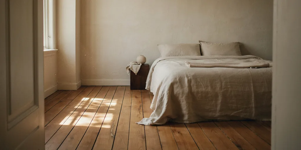 A bed made up as quietly as possible with two pillows and one folded wool blanket in a single family of warm off-whites