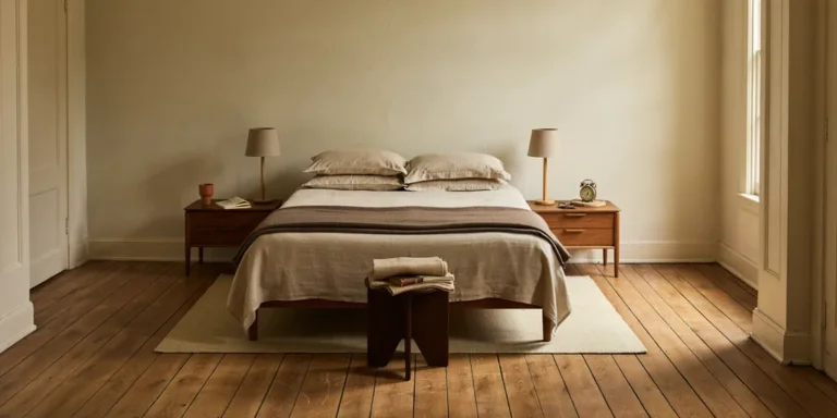 A calm neutral bedroom with an oiled oak bed made up in oat unbleached linen, a matching warm lamp on each side and a wool rug on honey-toned oak floorboards