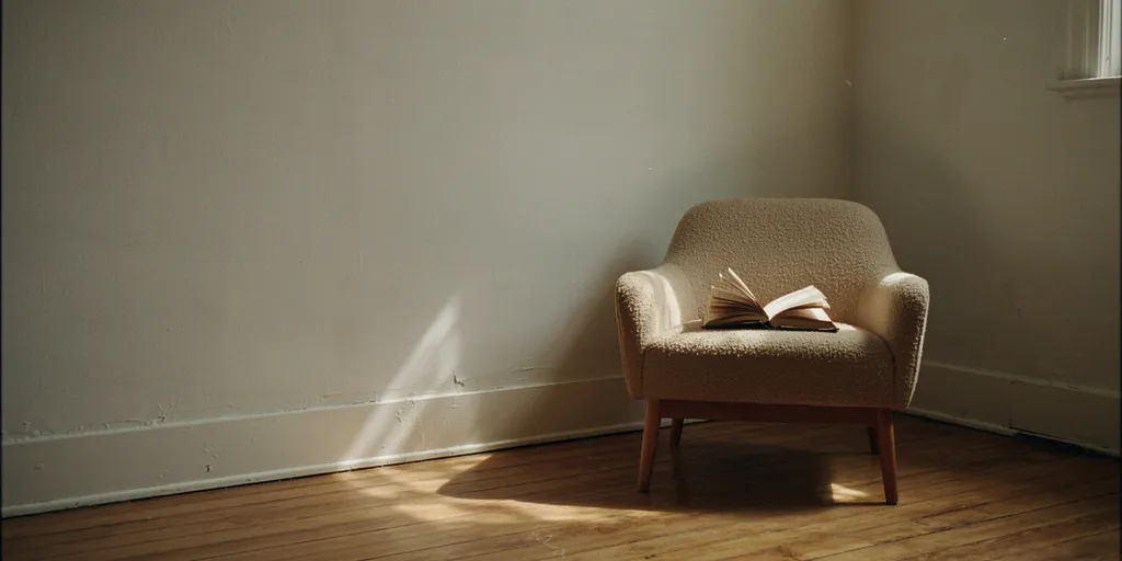 A single armchair standing alone in an empty corner on wood floorboards with an open book on the seat, nothing else added yet