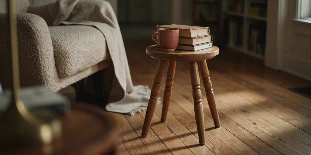 A small round wooden stool beside a reading chair at the height of the chair arm, holding a mug and a stack of books