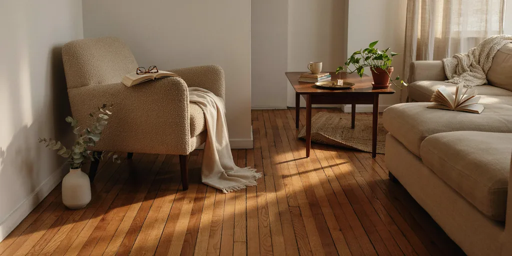 A reading chair turned out of its corner to face into the room, with the rest of the room opening away behind it