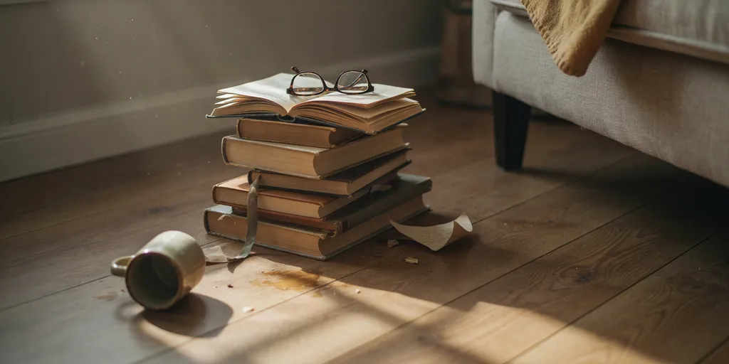 A stack of five or six well-used books on wood floorboards beside a reading chair, one lying open face down on top