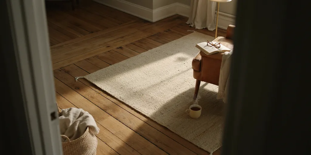 A small wool rug laid under a reading chair, its edge clearly separating the corner from the rest of the wood floorboards