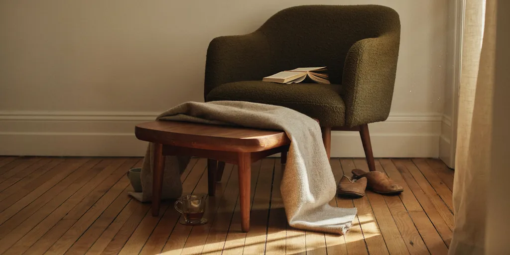 A low wooden footstool with a folded wool blanket resting on it standing in front of a reading chair