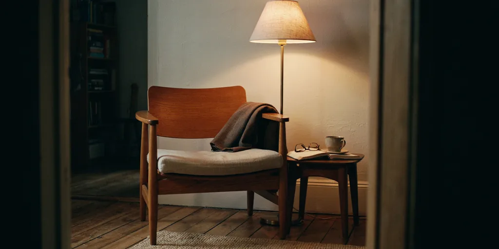 A reading corner lit by a single warm lamp while the rest of the room falls away into shadow