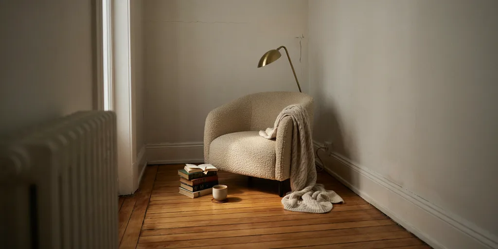 A narrow awkward corner beside a radiator, too tight for a sofa, now holding a single reading chair and a slim floor lamp