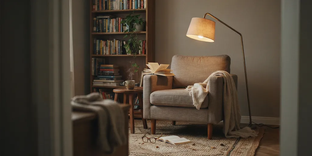 A reading corner with a throw pushed aside, an open book face down, a half-drunk cup and reading glasses left on the floor