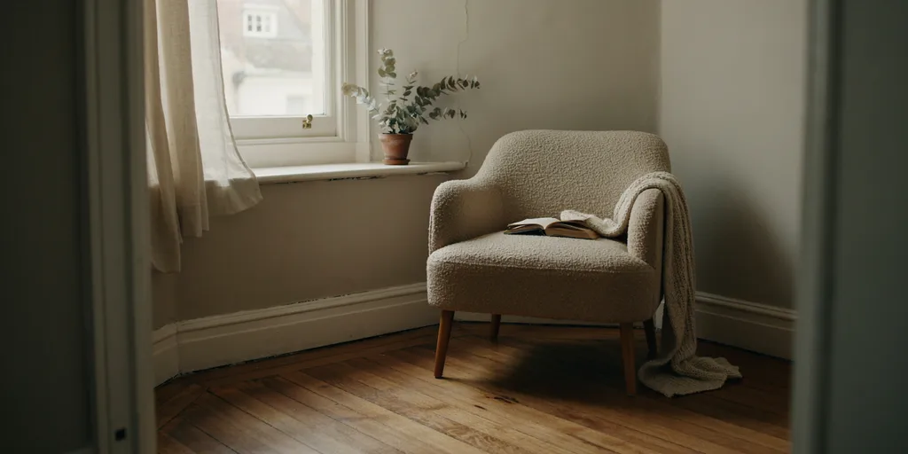 A movable armchair standing in a bay window alcove where a built-in window seat would normally be, the sill left empty