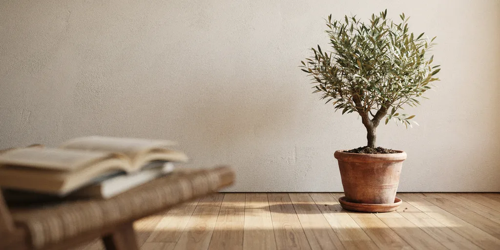A single olive plant in a heavy terracotta pot standing a few meters from a reading chair, seen past an out-of-focus chair arm