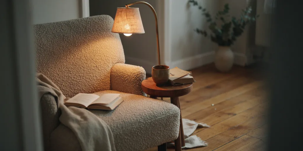 A reading chair beside a warm lamp and a small table holding only a book and a mug, with no phone anywhere in the corner