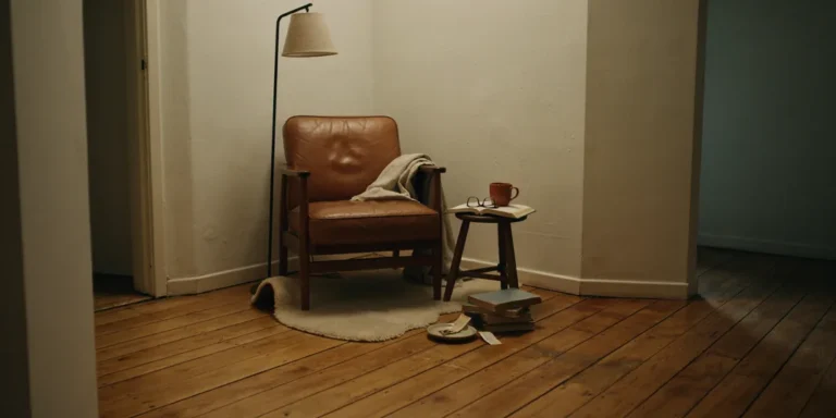 A worn armchair turned into the room with a floor lamp behind it, a small stool at elbow height and a wool rug marking the corner