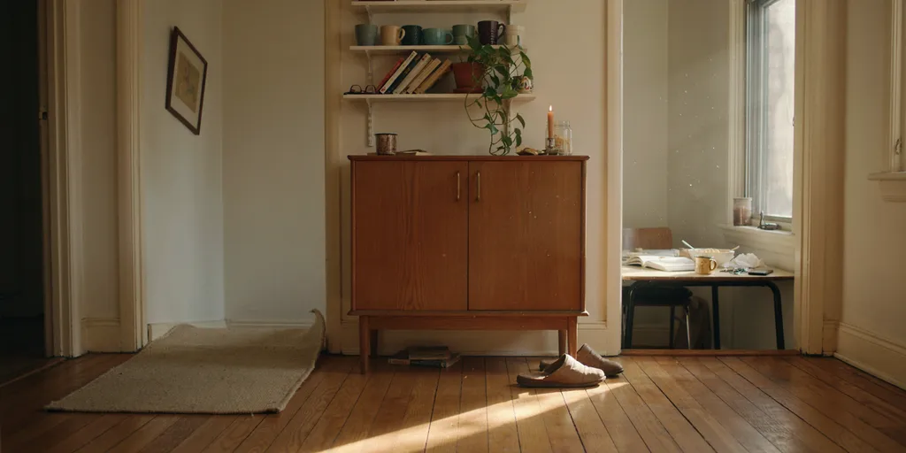 An oak sideboard in a small apartment kept nearly clear, catching the afternoon light, while the shelf above it holds everyday things