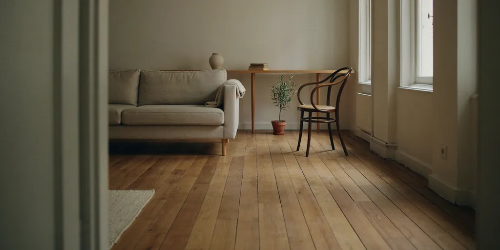 A small apartment photographed low, every piece standing on slim raised legs with continuous oak floorboards running unbroken beneath